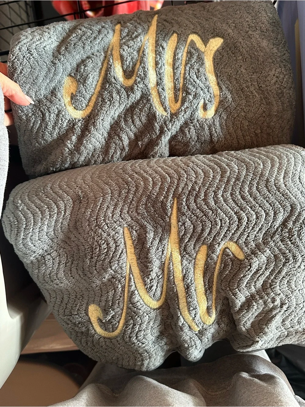 Embroidered Monogram 'Mrs' ‘Mr’ Gray Towel Set (6) with Gold Script